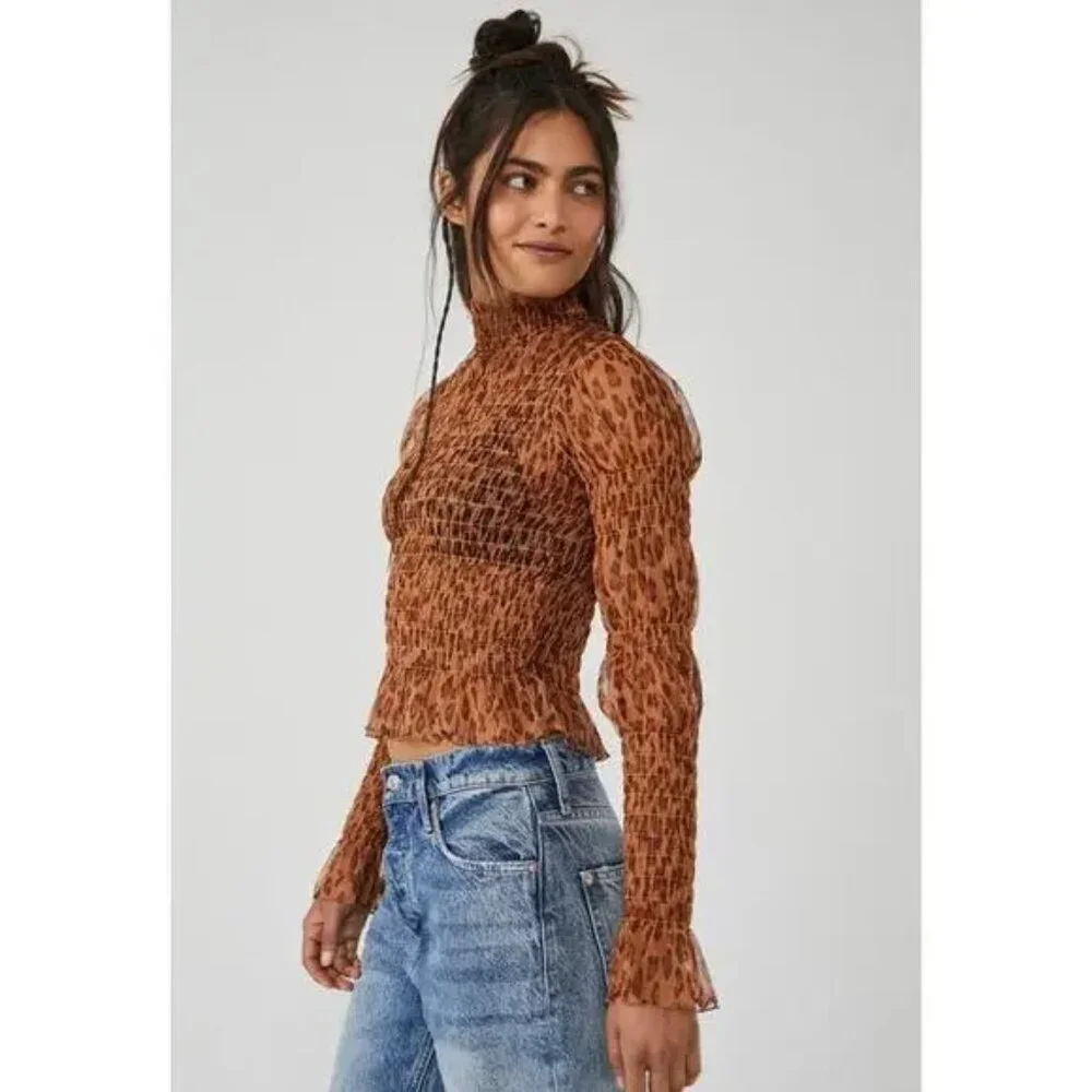 NWOT Free People Hello There Sheer Mesh Leopard Mock Neck